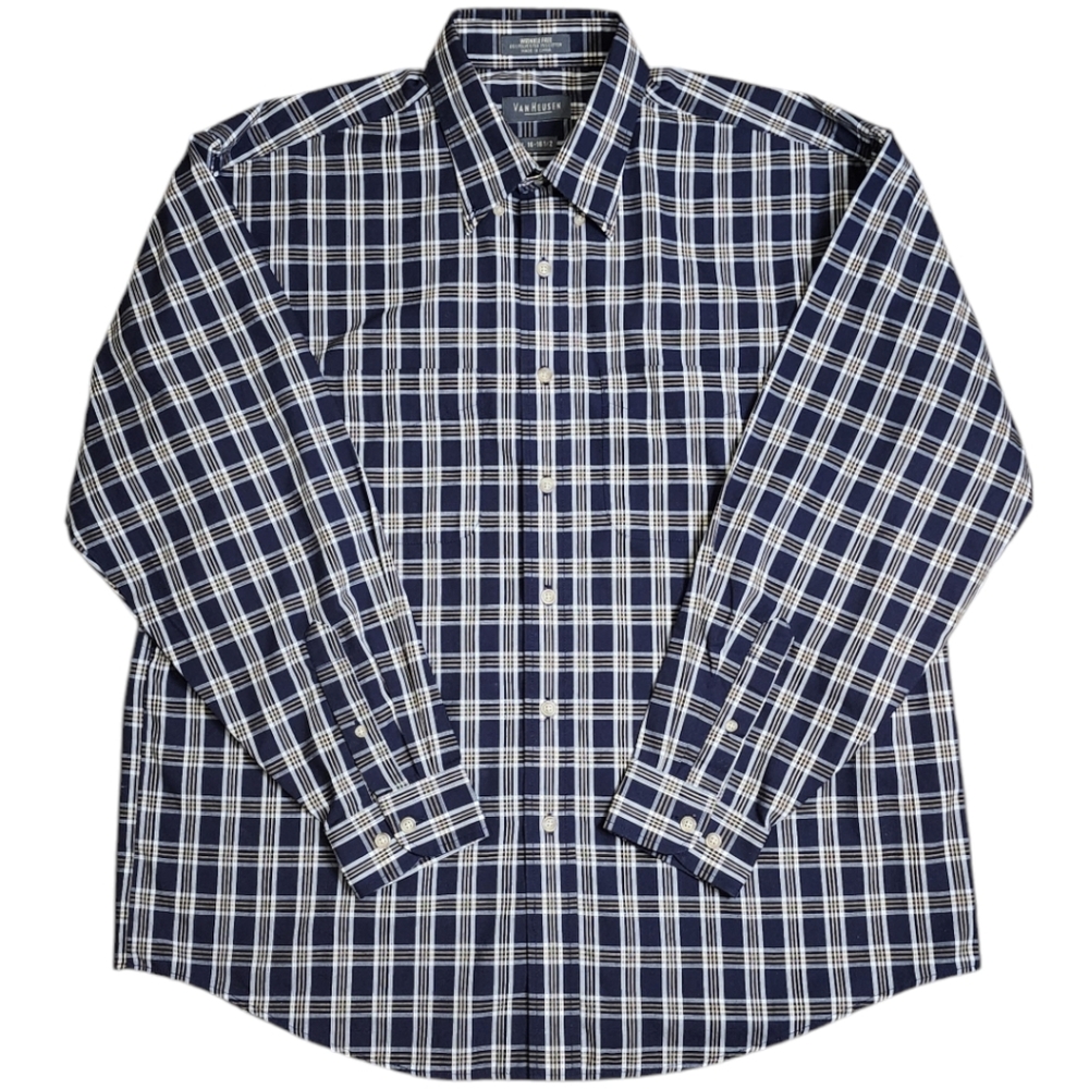 Van Heusen Men's Large 16-16 1/2 Plaid Wrinkle Free Button Front Dress Shirt